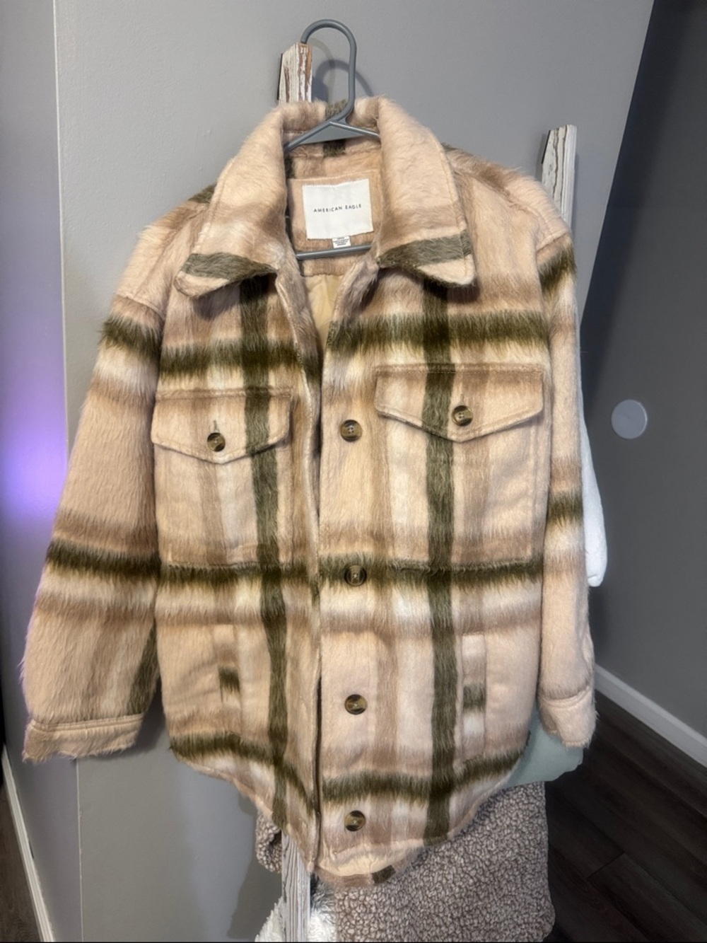 American Eagle Outfitters Beige and Olive Plaid Faux Fur Shacket Coat